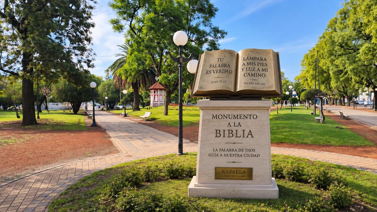 Imagen ilustrativa del Monumento a la Biblia en una plaza de Rafaela